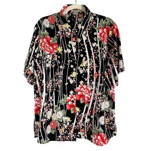 Retro Floral Shirt 1X Black Boho Indie Folk Peasant Cottage Western Resort 80s